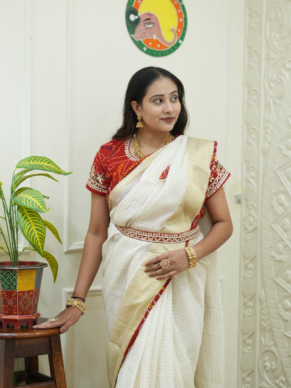 KcPc Pure Organza Gota Patti Bandhej Work Sareesatish