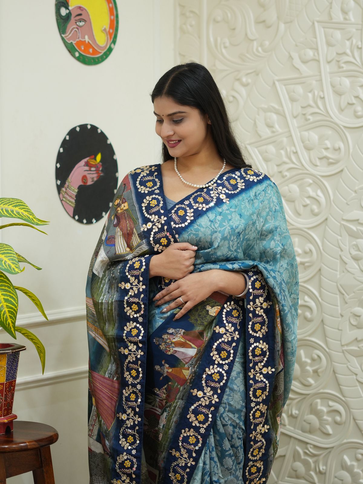 KcPc New Graceful Kalamkari Crepe Silk Saree with Intricate Cutdana Gota Patti EmbellishmentSATA