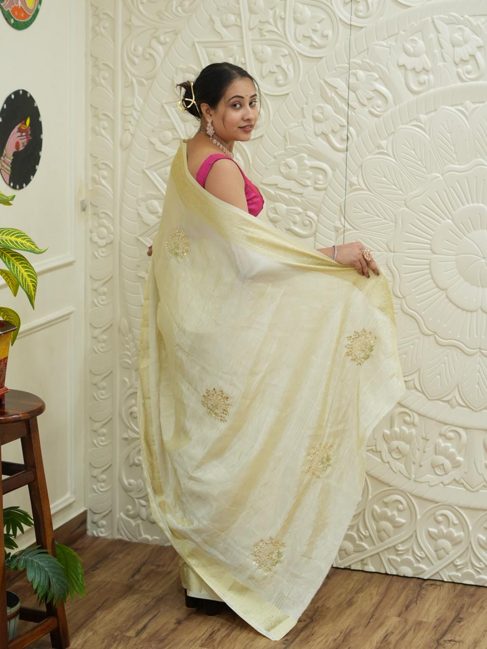 By New Premium Banarasi Tissue Silk Saree With Gota Patti Zardozi Work