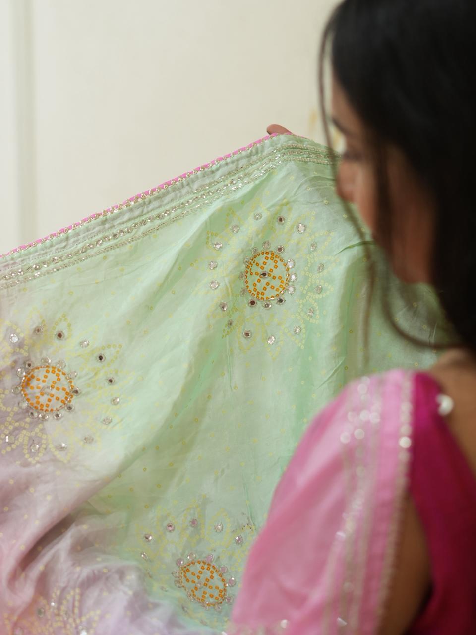 By Graceful Upada Silk Saree with Bandhani Print and Cutdana Work KcPc