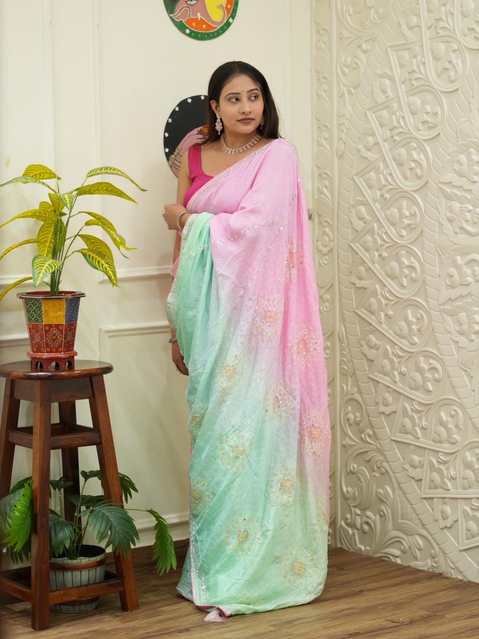 By Graceful Upada Silk Saree with Bandhani Print and Cutdana Work KcPc