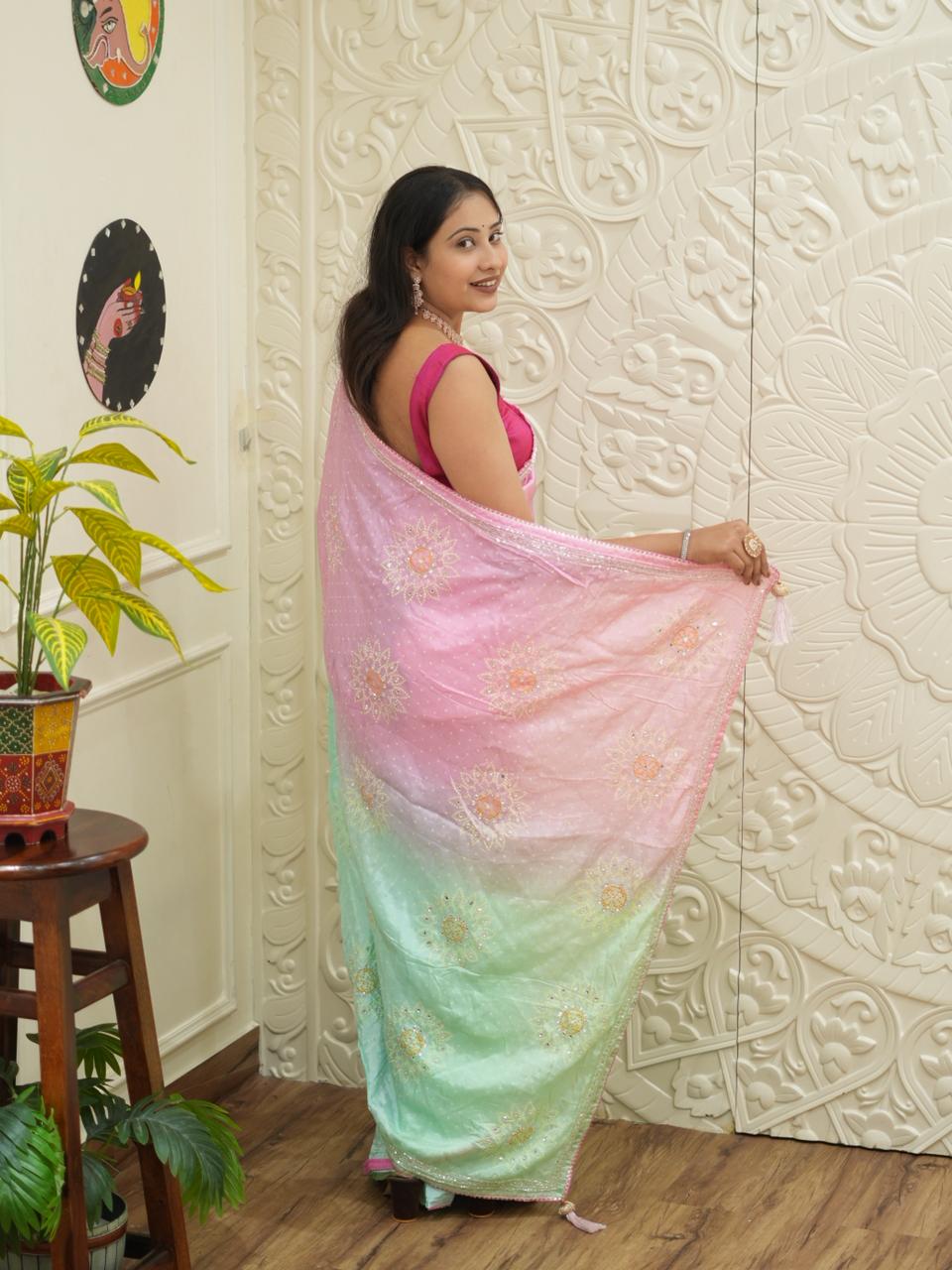 By Graceful Upada Silk Saree with Bandhani Print and Cutdana Work KcPc