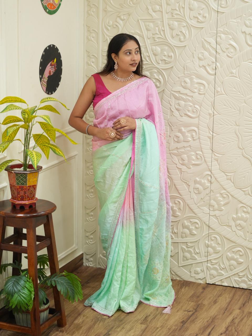 By Graceful Upada Silk Saree with Bandhani Print and Cutdana Work KcPc