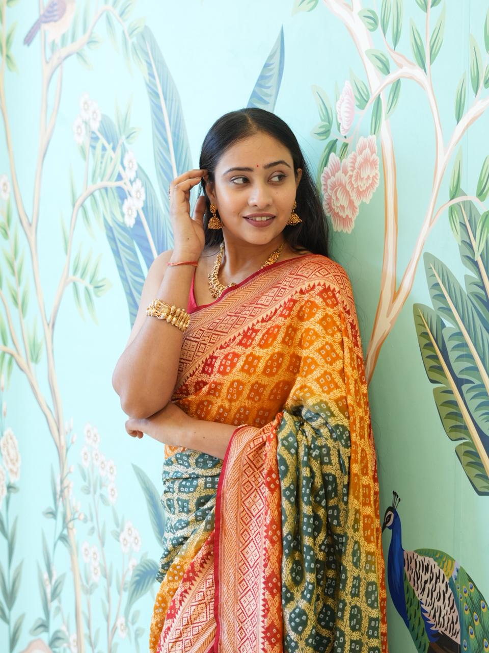 KcPc New Pure khaddi Georgette Upada Neemzari Bandhej Saree