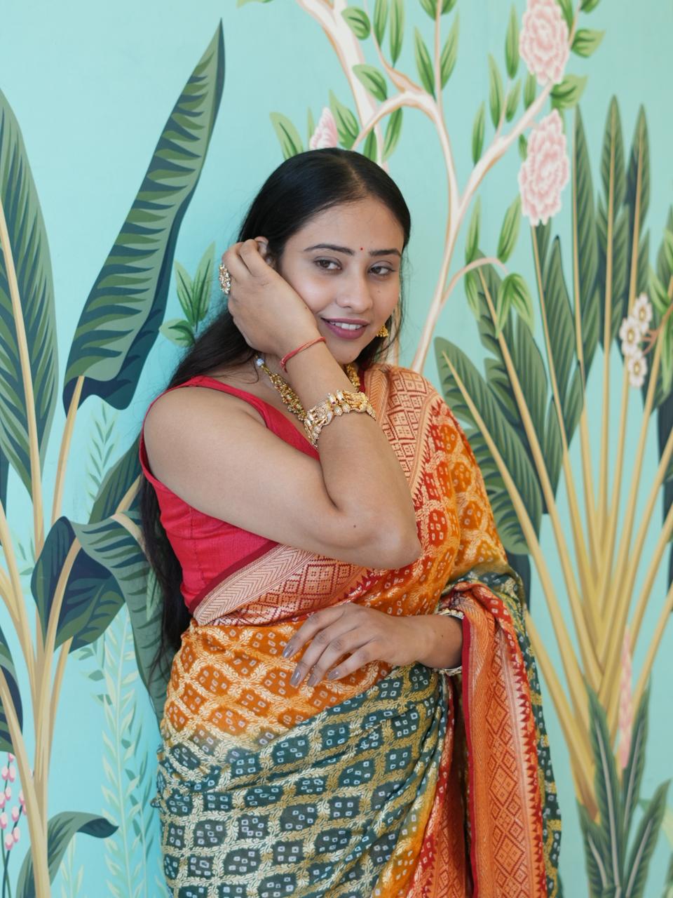KcPc New Pure khaddi Georgette Upada Neemzari Bandhej Saree