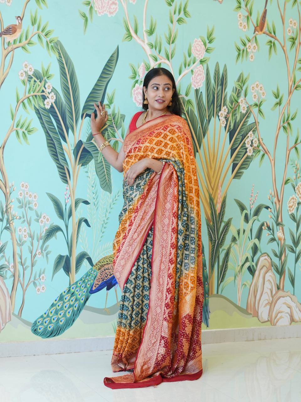 KcPc New Pure khaddi Georgette Upada Neemzari Bandhej Saree