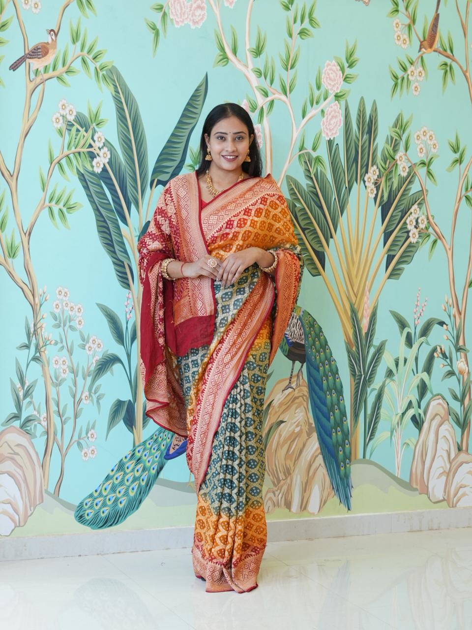 KcPc New Pure khaddi Georgette Upada Neemzari Bandhej Saree