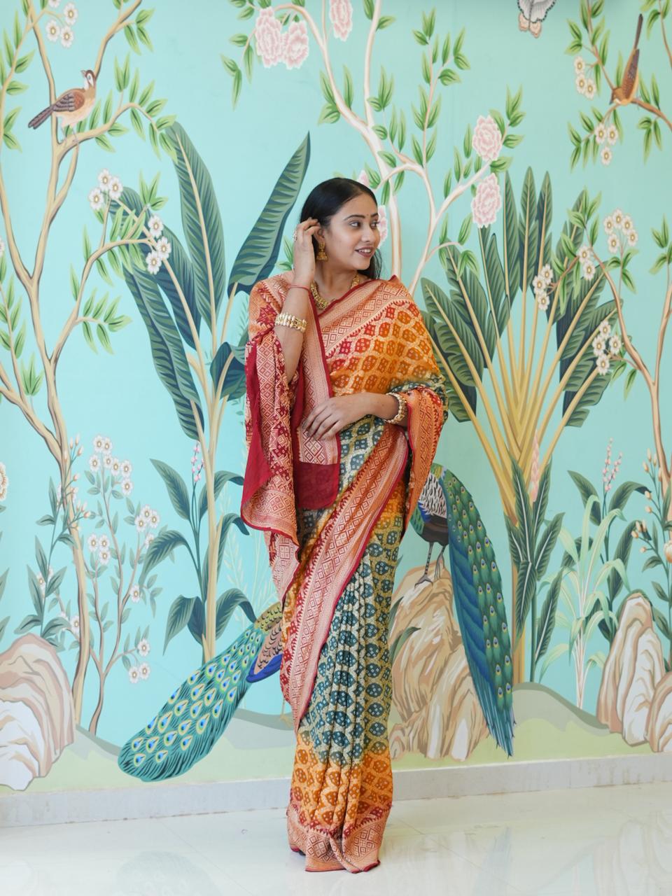 KcPc New Pure khaddi Georgette Upada Neemzari Bandhej Saree