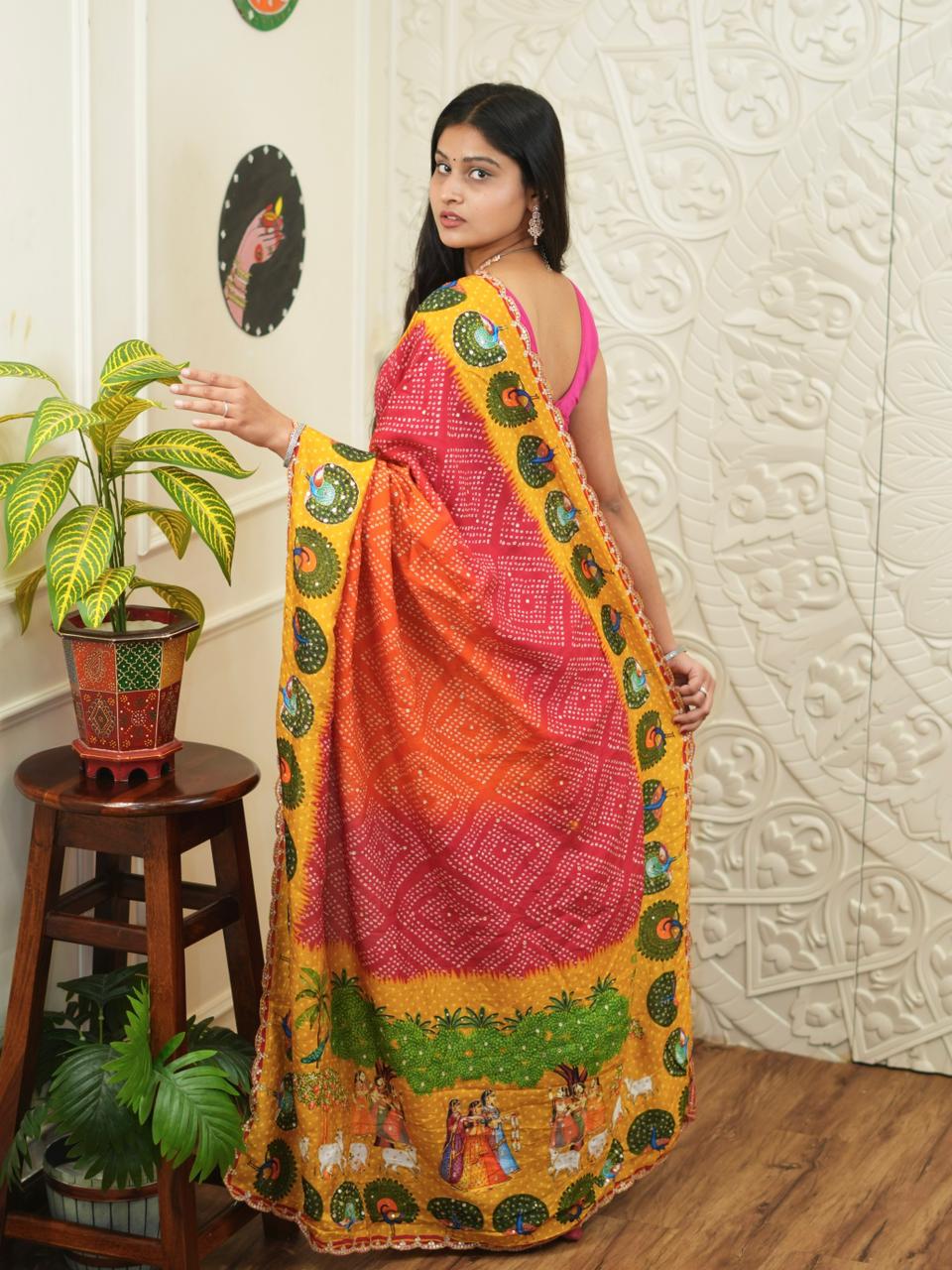Buy New Bandhani Style With Cutdana Mirror Work Saree KcPc