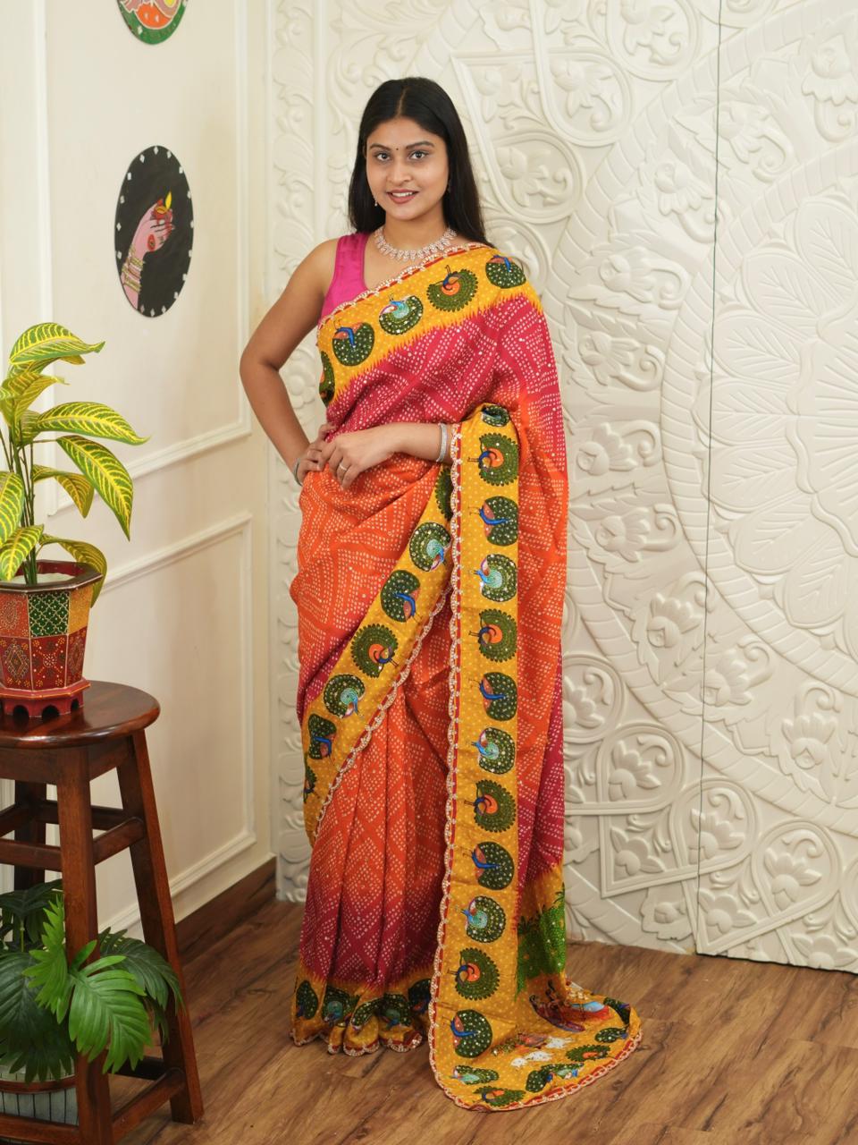 Buy New Bandhani Style With Cutdana Mirror Work Saree KcPc