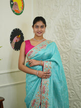 By sea green Banarasi silk saree with sequence embroidery work in a floral pattern KcPc