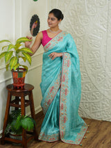 By sea green Banarasi silk saree with sequence embroidery work in a floral pattern KcPc
