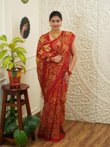 KcPc Designer Vintage Look Cotton Ghatchola Aara Tari Work SareeCHA Red