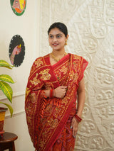 KcPc Designer Vintage Look Cotton Ghatchola Aara Tari Work SareeCHA Red