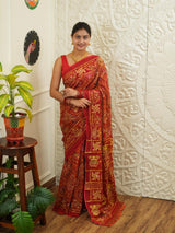 KcPc Designer Vintage Look Cotton Ghatchola Aara Tari Work SareeCHA Red