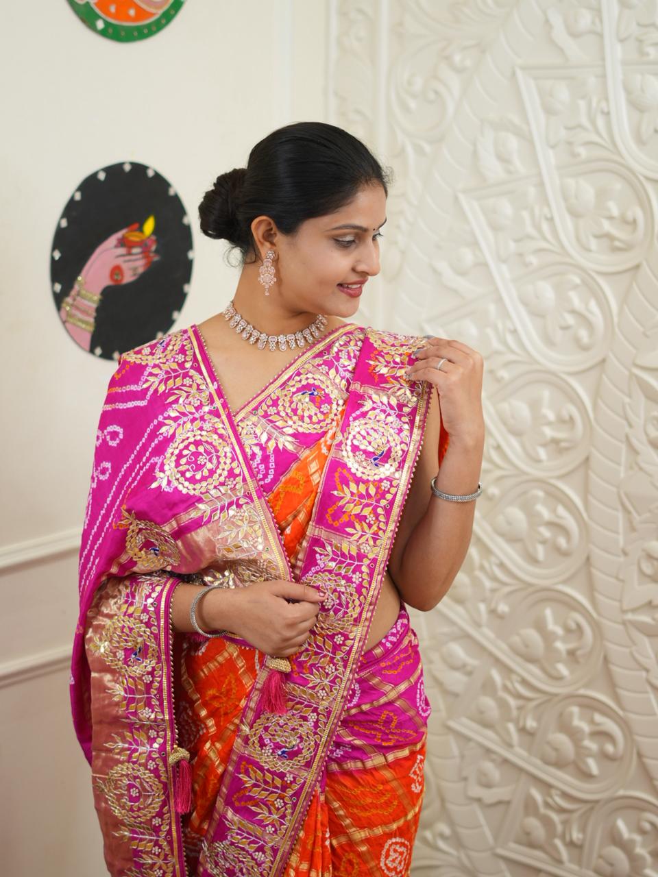 By New Bandhani Saree with Gotapatti Work
