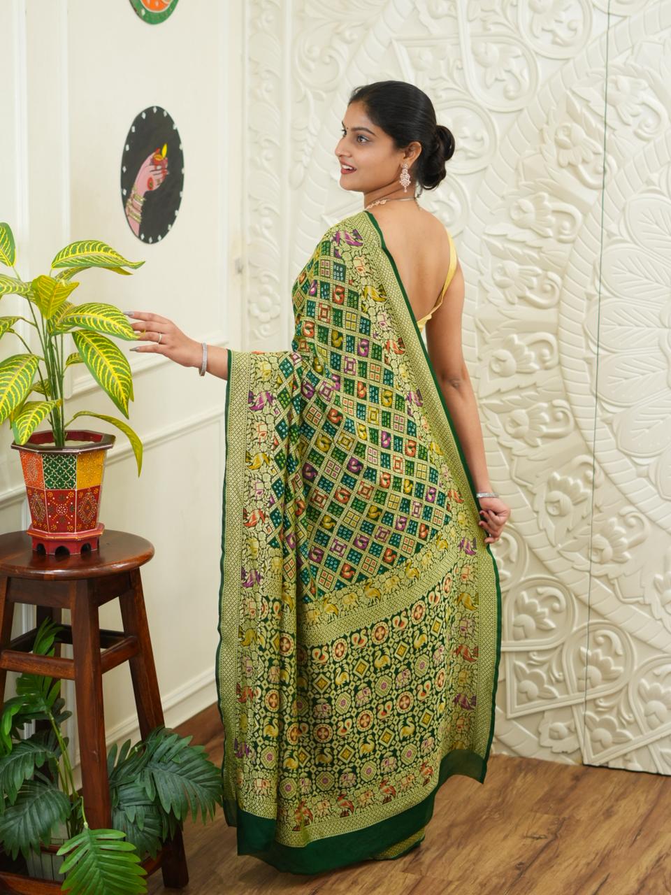 KcPc Figure Design Khaddi Georgette Janglaw Bandhani Neemzari Saree Bottle Green