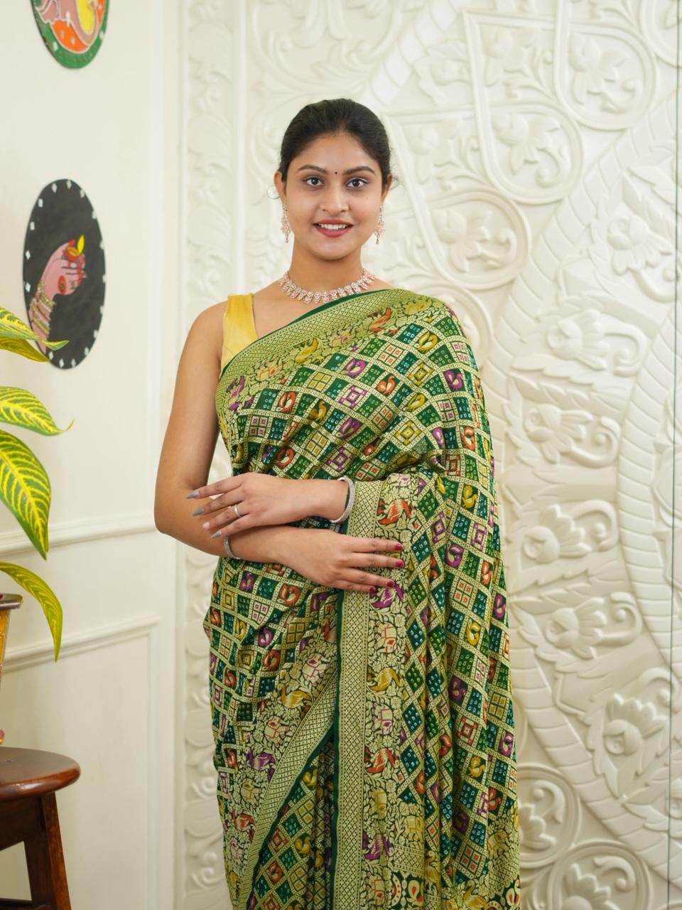 KcPc Figure Design Khaddi Georgette Janglaw Bandhani Neemzari Saree Bottle Green