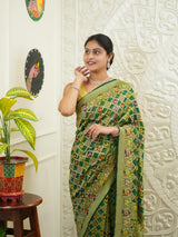 KcPc Figure Design Khaddi Georgette Janglaw Bandhani Neemzari Saree Bottle Green