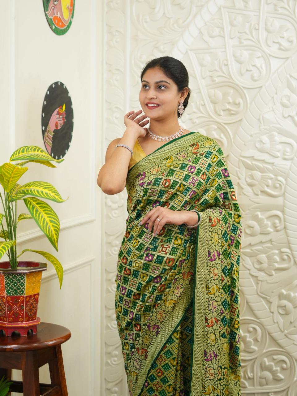 KcPc Figure Design Khaddi Georgette Janglaw Bandhani Neemzari Saree Bottle Green