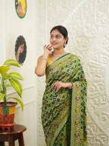 KcPc Figure Design Khaddi Georgette Janglaw Bandhani Neemzari Saree Bottle Green