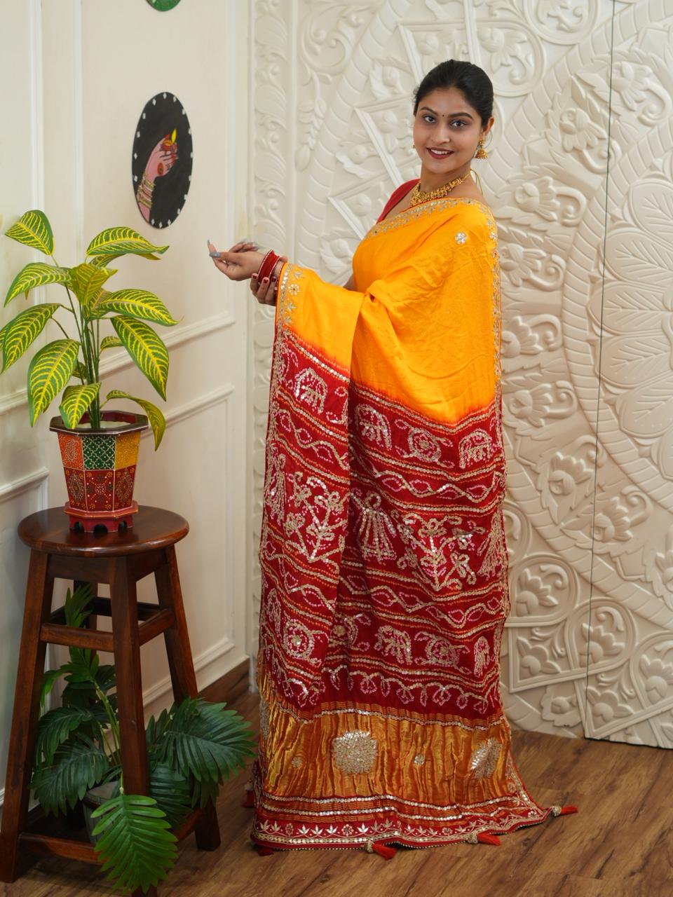 Buy Pure Gaji Silk Bandhani Saree Kcpc