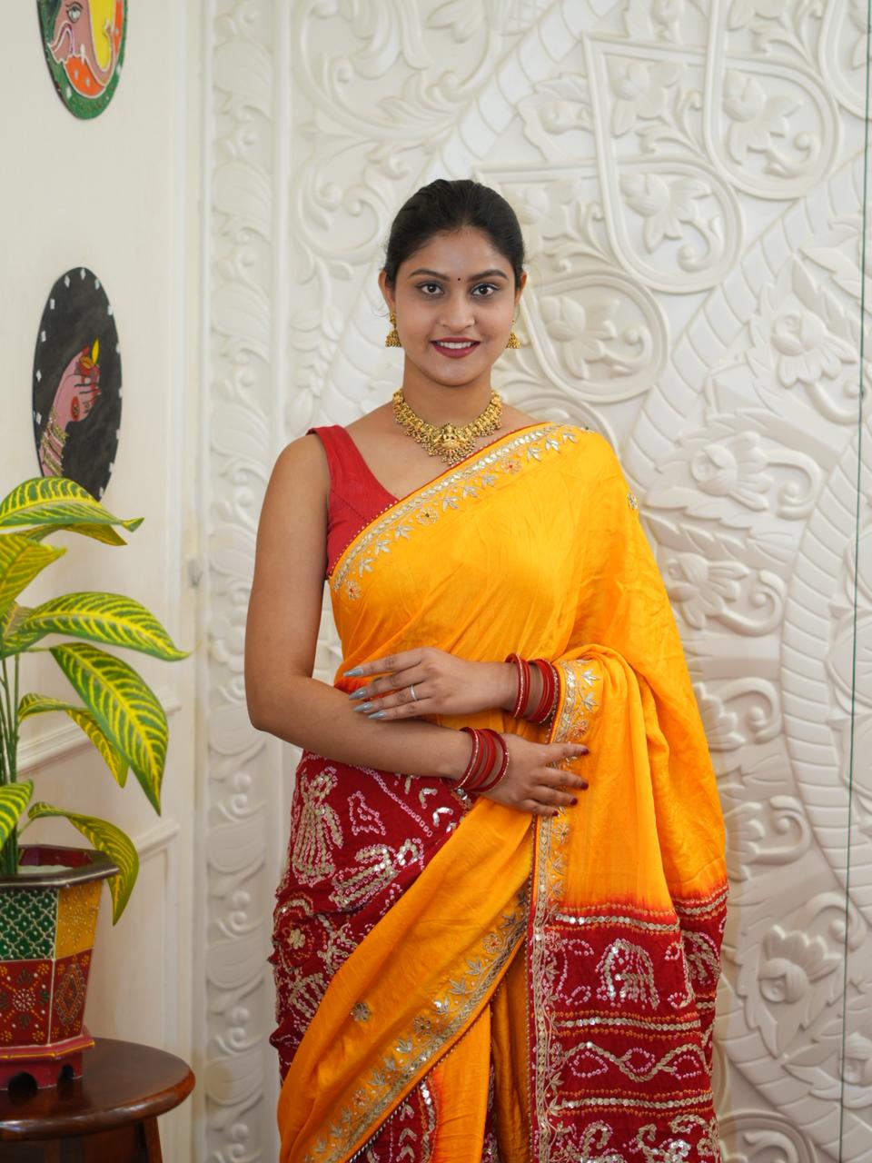 Buy Pure Gaji Silk Bandhani Saree Kcpc