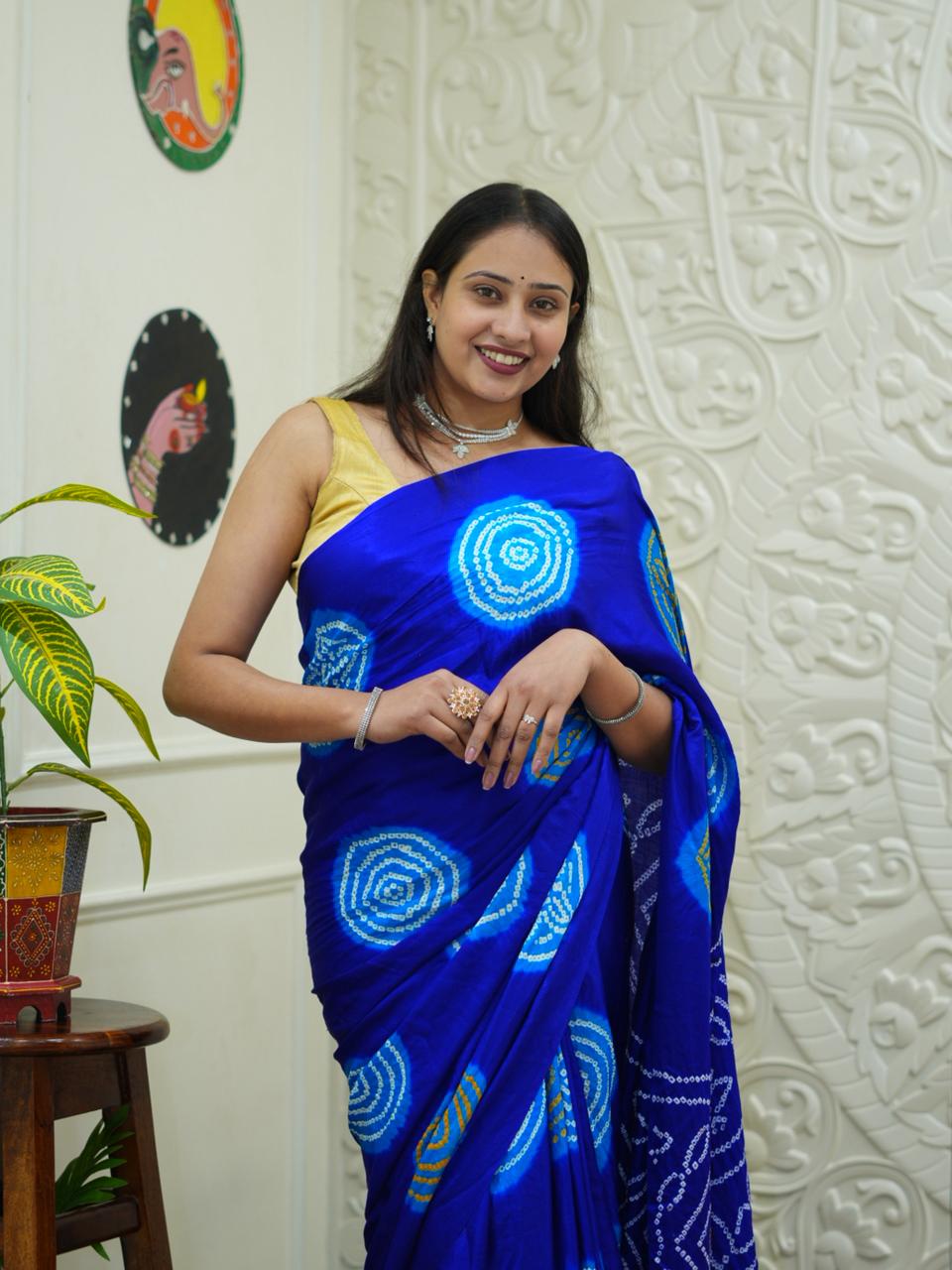 KcPc Latest Designer Pure Gaji Silk Bandhani Sarees Royal Blue