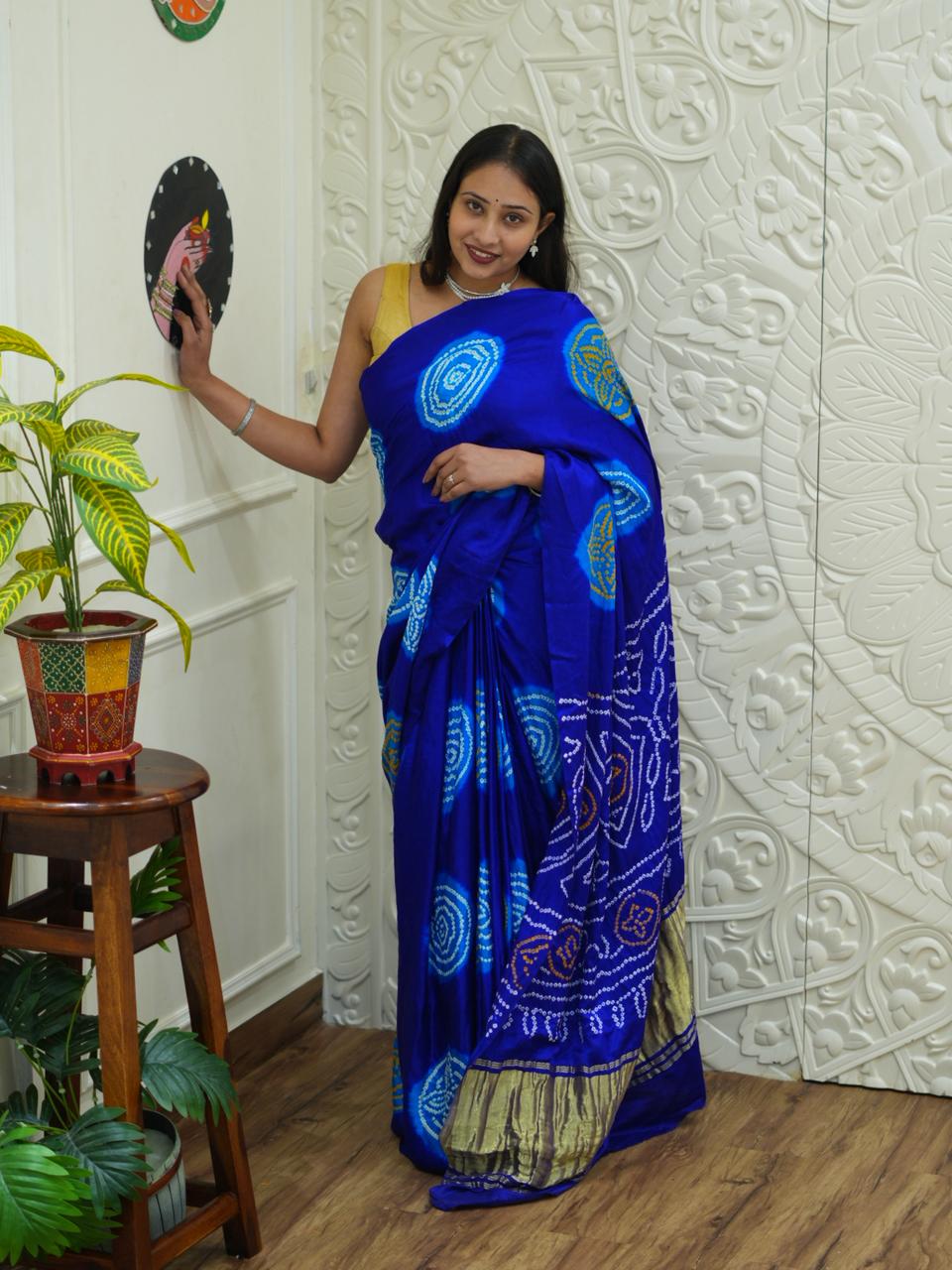 KcPc Latest Designer Pure Gaji Silk Bandhani Sarees Royal Blue