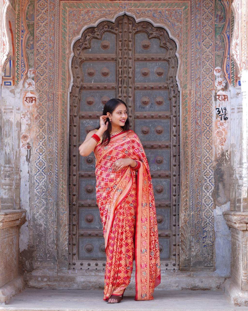 KcPcFigure Design Khaddi Georgette Janglaw Bandhani Neemzari Saree Red