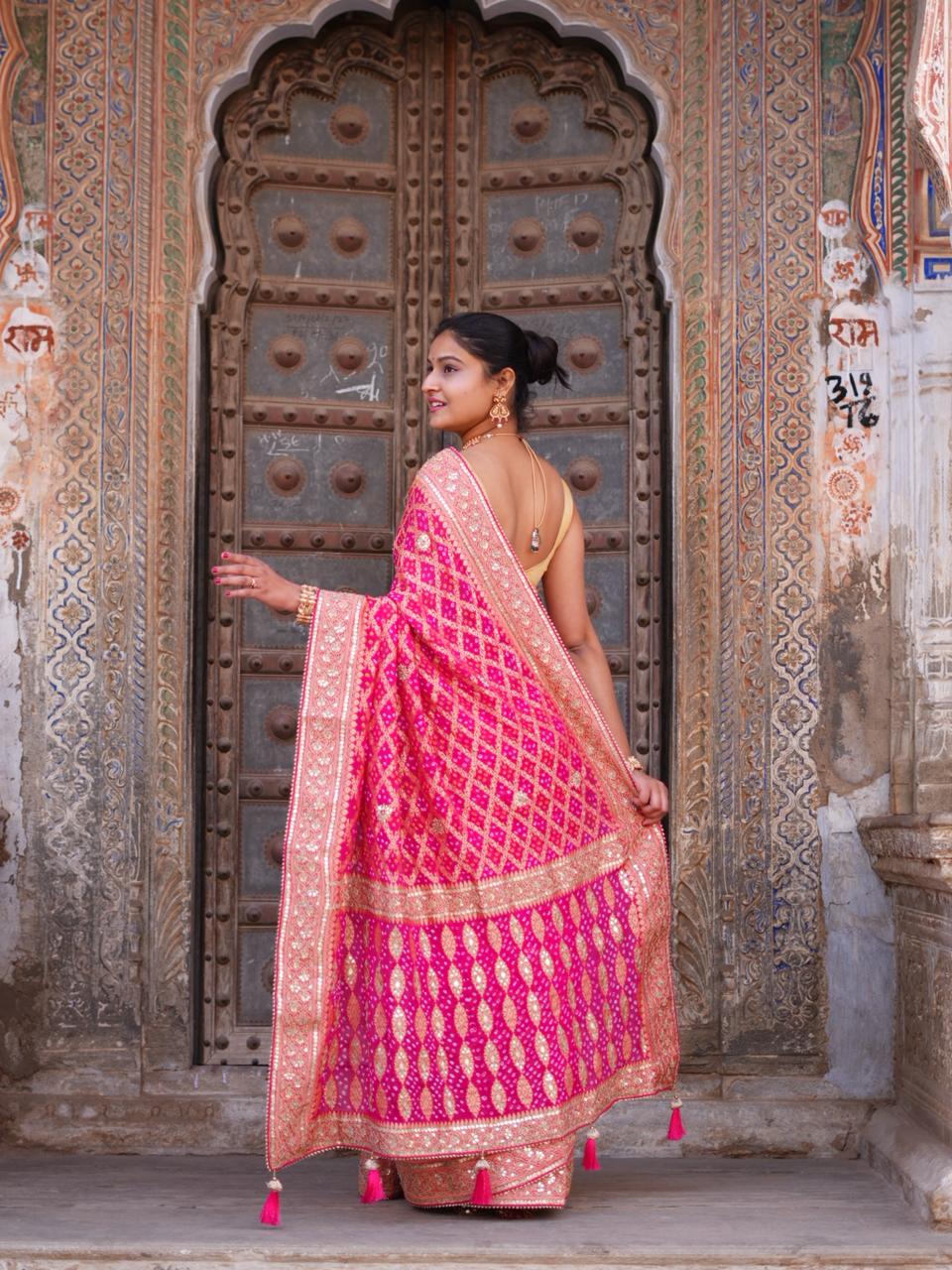 KcPc Designer Pure Khaddi Georgette Neemzari Bandhej Gotapatti Zaridoji work Saree Rani AMT