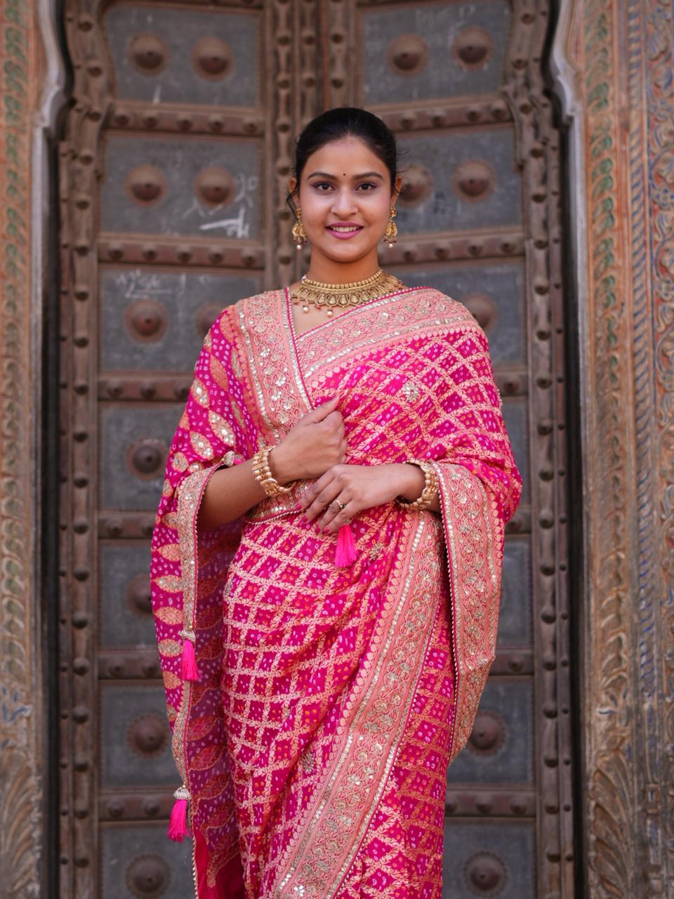 KcPc Designer Pure Khaddi Georgette Neemzari Bandhej Gotapatti Zaridoji work Saree Rani AMT