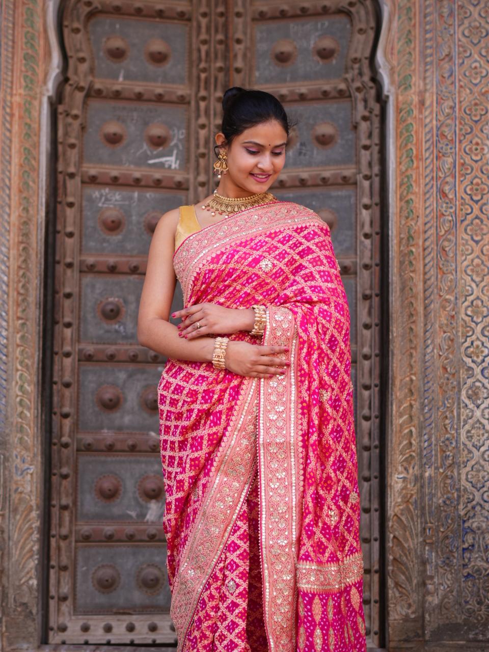 KcPc Designer Pure Khaddi Georgette Neemzari Bandhej Gotapatti Zaridoji work Saree Rani AMT
