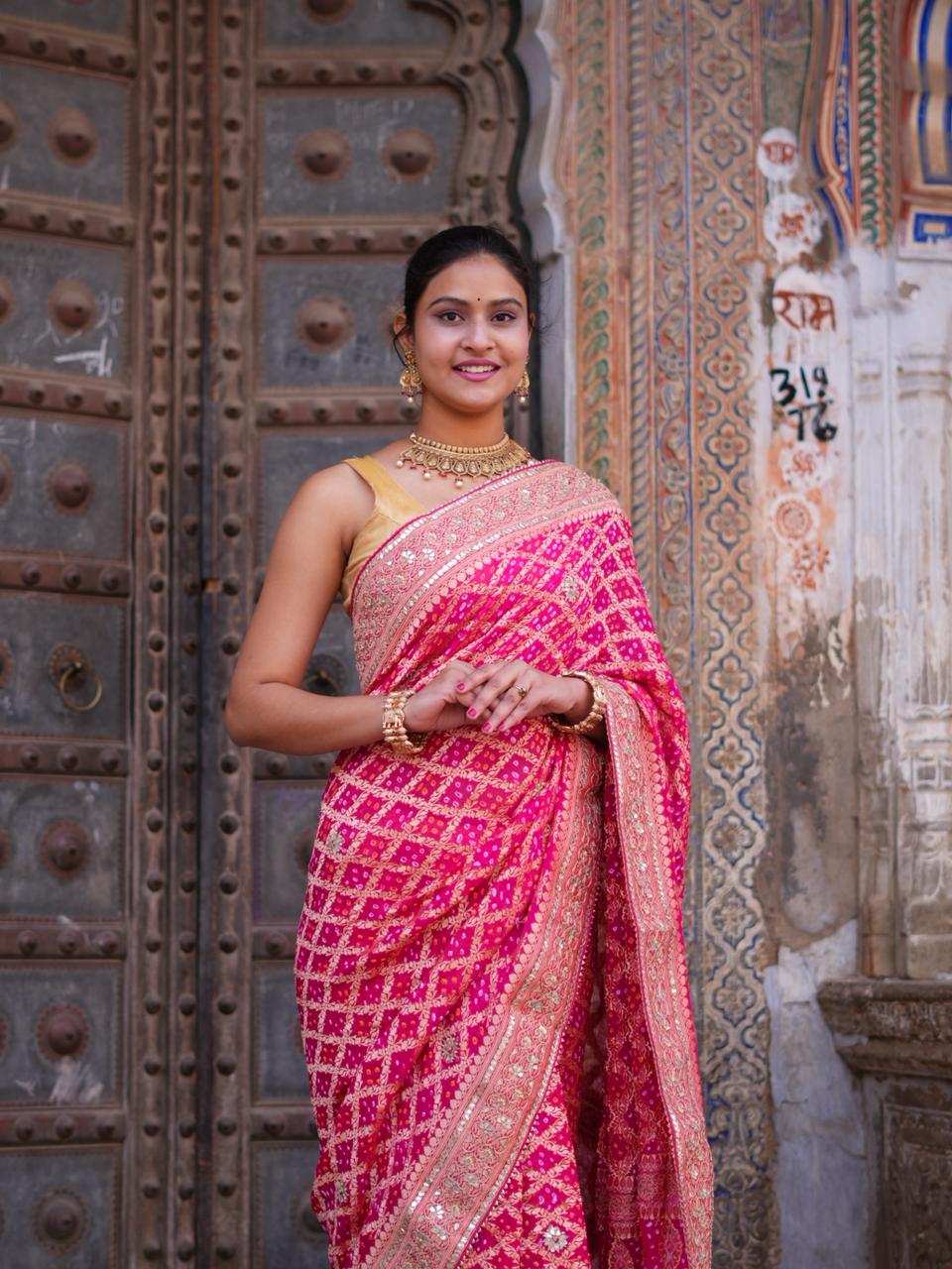 KcPc Designer Pure Khaddi Georgette Neemzari Bandhej Gotapatti Zaridoji work Saree Rani AMT