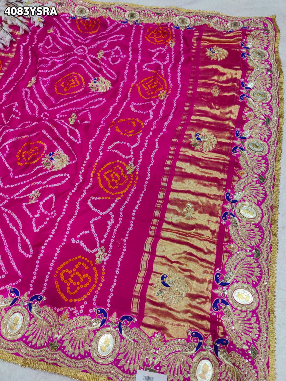 KcPc Royal Gaji Silk Bandhani Saree with Elegant Zardosi Work & Silver Coin Border MNL
