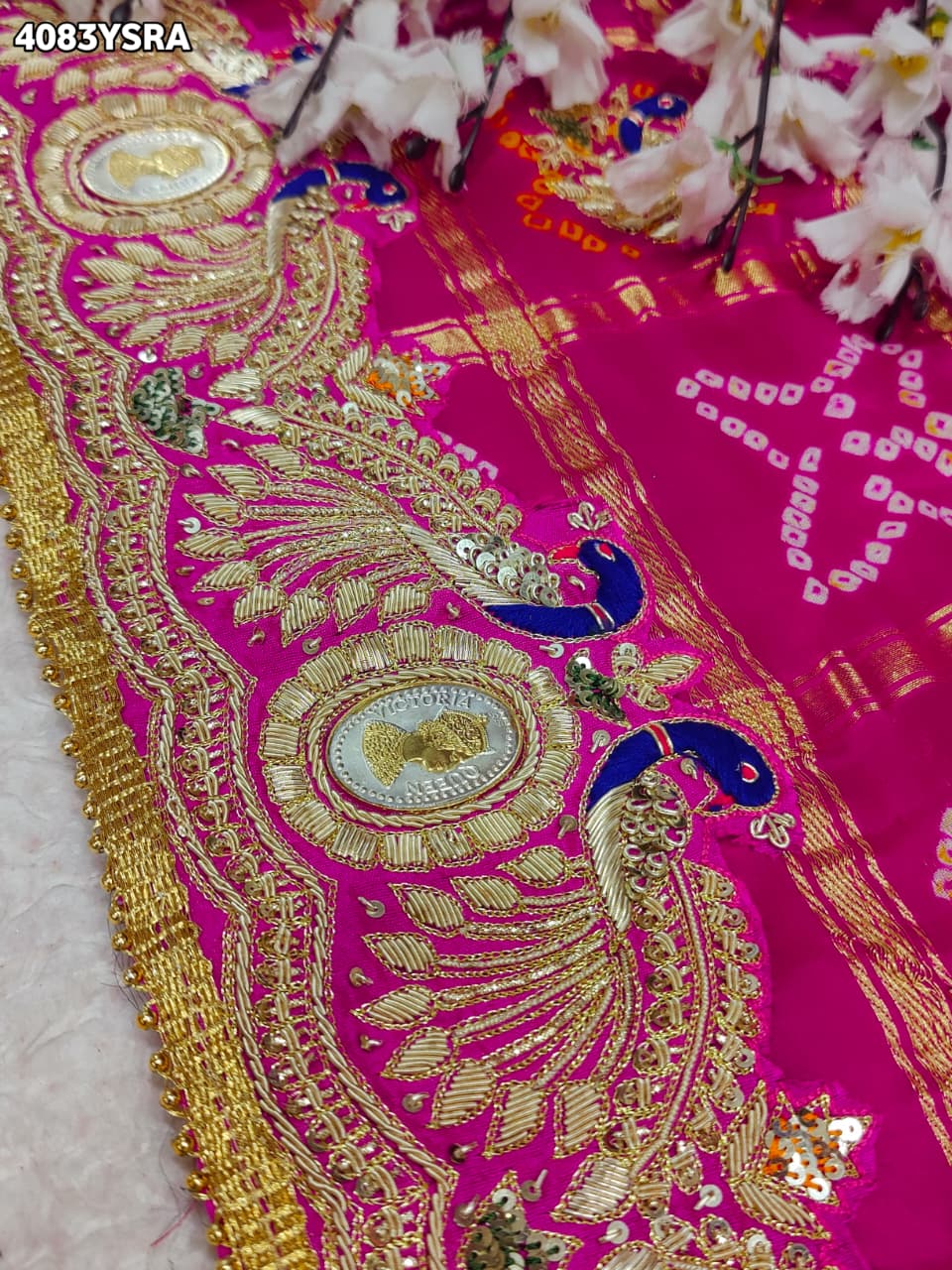 KcPc Royal Gaji Silk Bandhani Saree with Elegant Zardosi Work & Silver Coin Border MNL