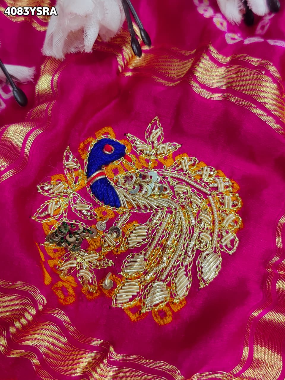KcPc Royal Gaji Silk Bandhani Saree with Elegant Zardosi Work & Silver Coin Border MNL