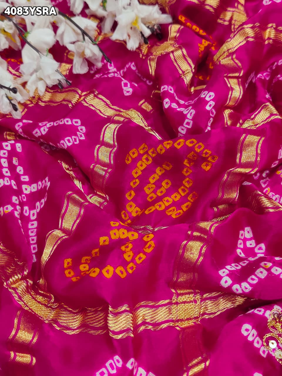 KcPc Royal Gaji Silk Bandhani Saree with Elegant Zardosi Work & Silver Coin Border MNL