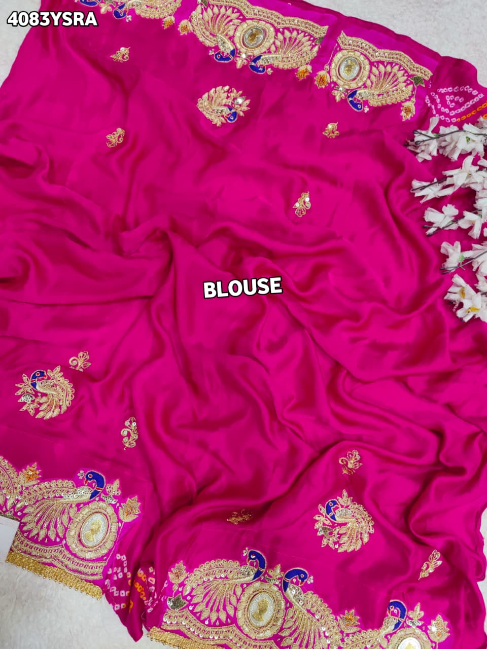 KcPc Royal Gaji Silk Bandhani Saree with Elegant Zardosi Work & Silver Coin Border MNL
