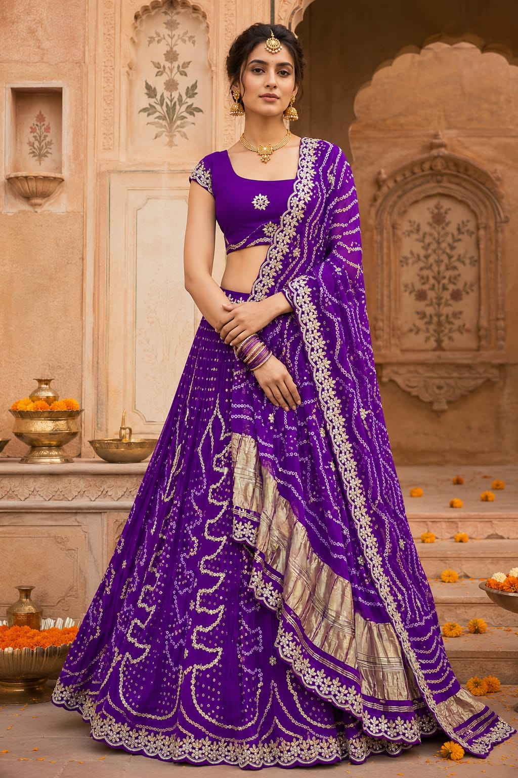 KcPc New Traditional Bandhani Gaji Silk Lehenga with Exquisite Gota WorkSFS