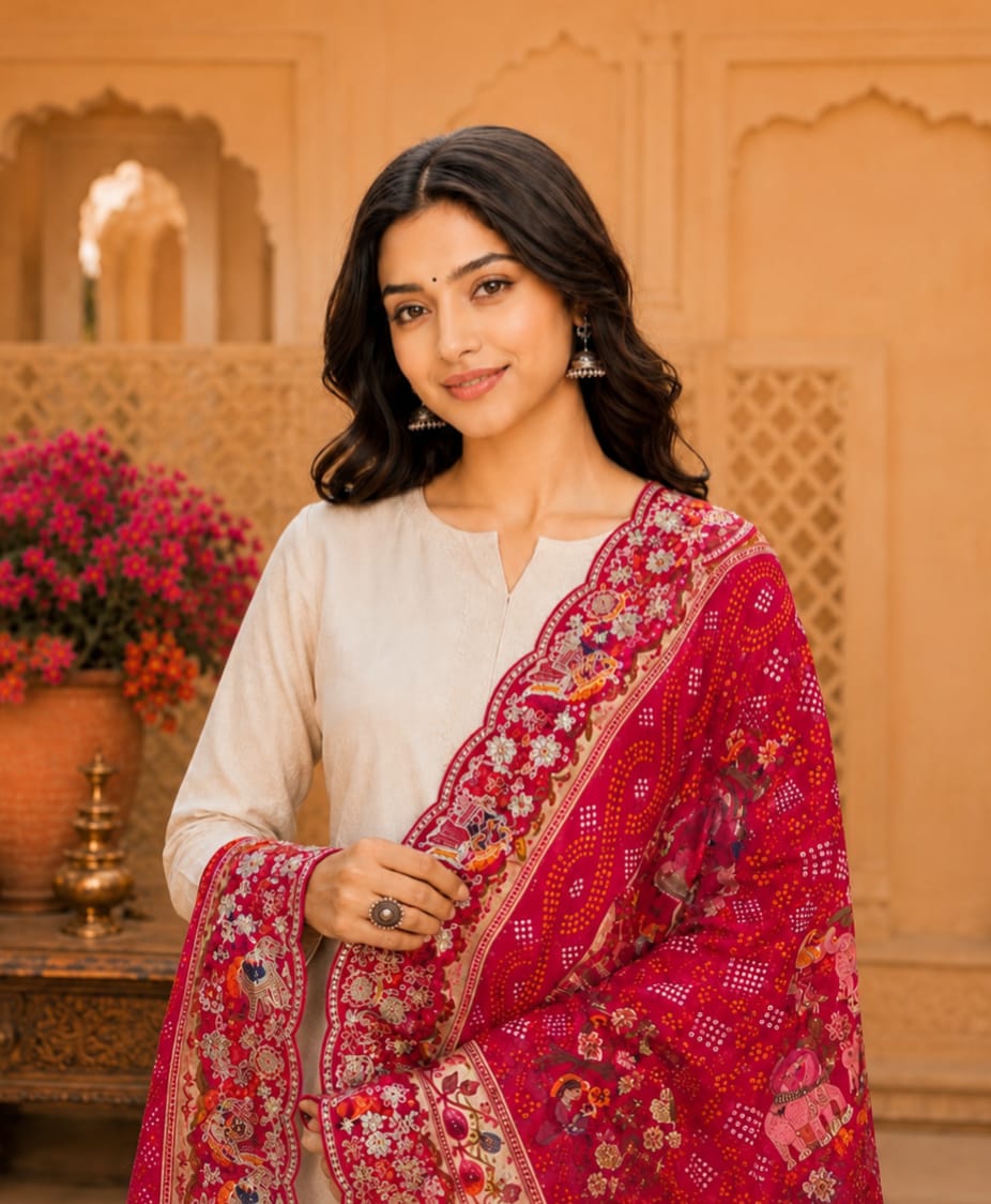 KcPc Latest Khaddi Georgette kalamkari Style Wth Embroidery Work DupattaTUF