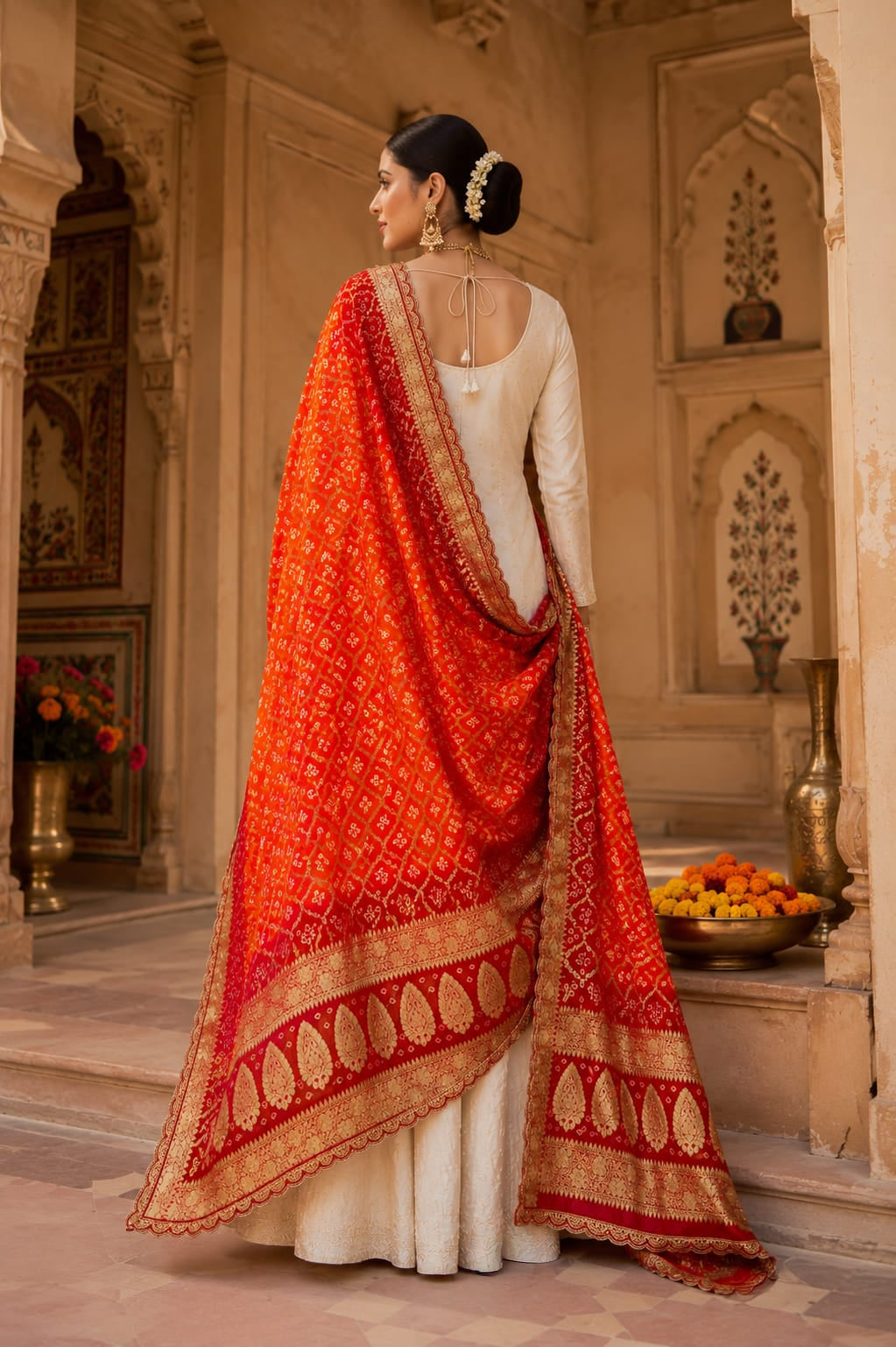 KcPc New Pure Georgette Bandhani Banarsi Weaving Cut Work Border Dupatta