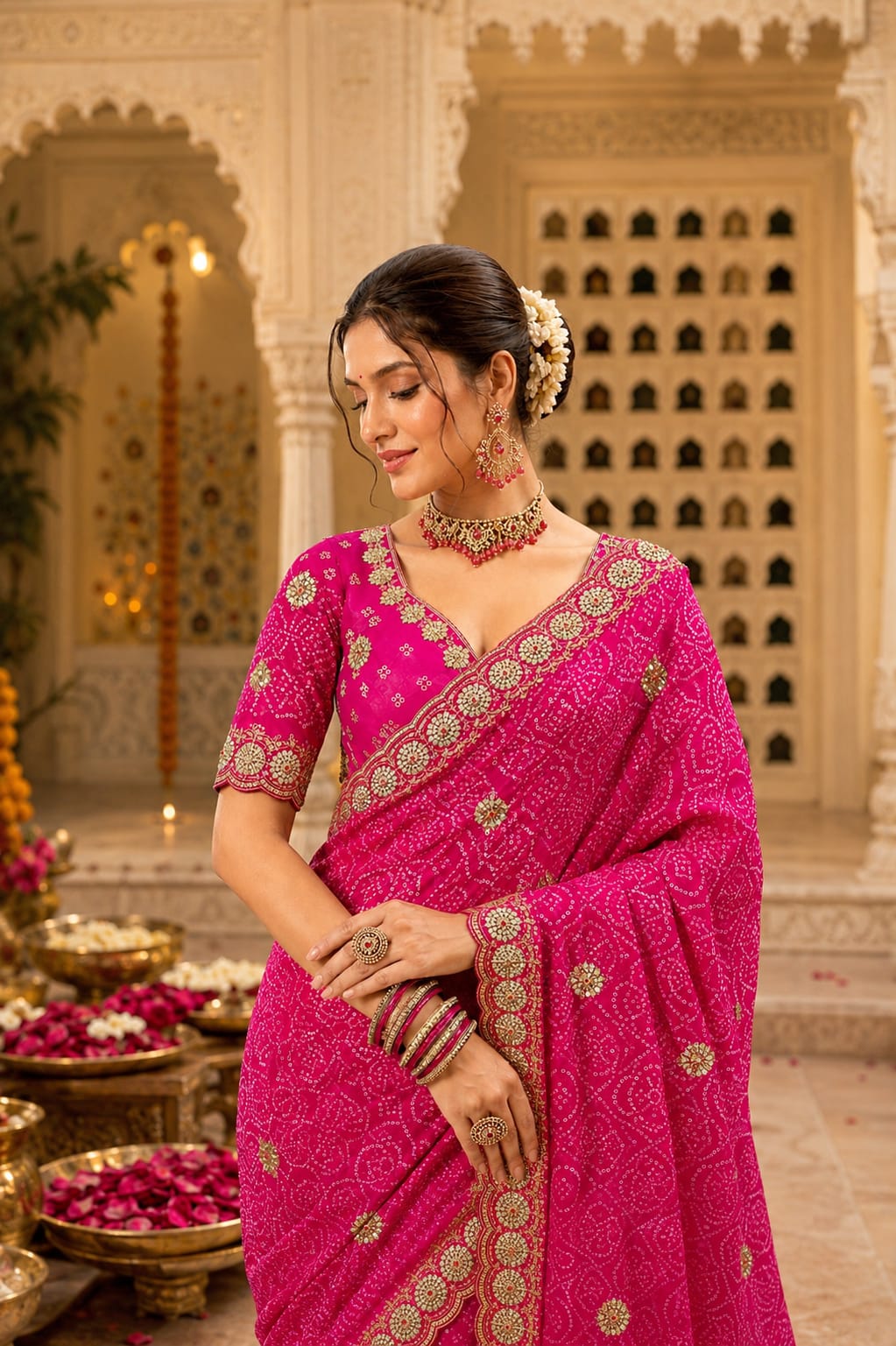 KcPc Georgette Bandhani Saree with Cutdana Embroidery BAL