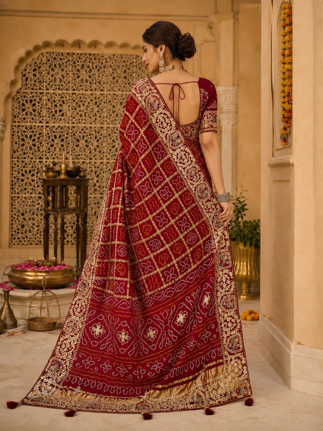 KcPcPure Gaji Silk Bandhani Saree with Handcrafted Gotapatti Work AMT