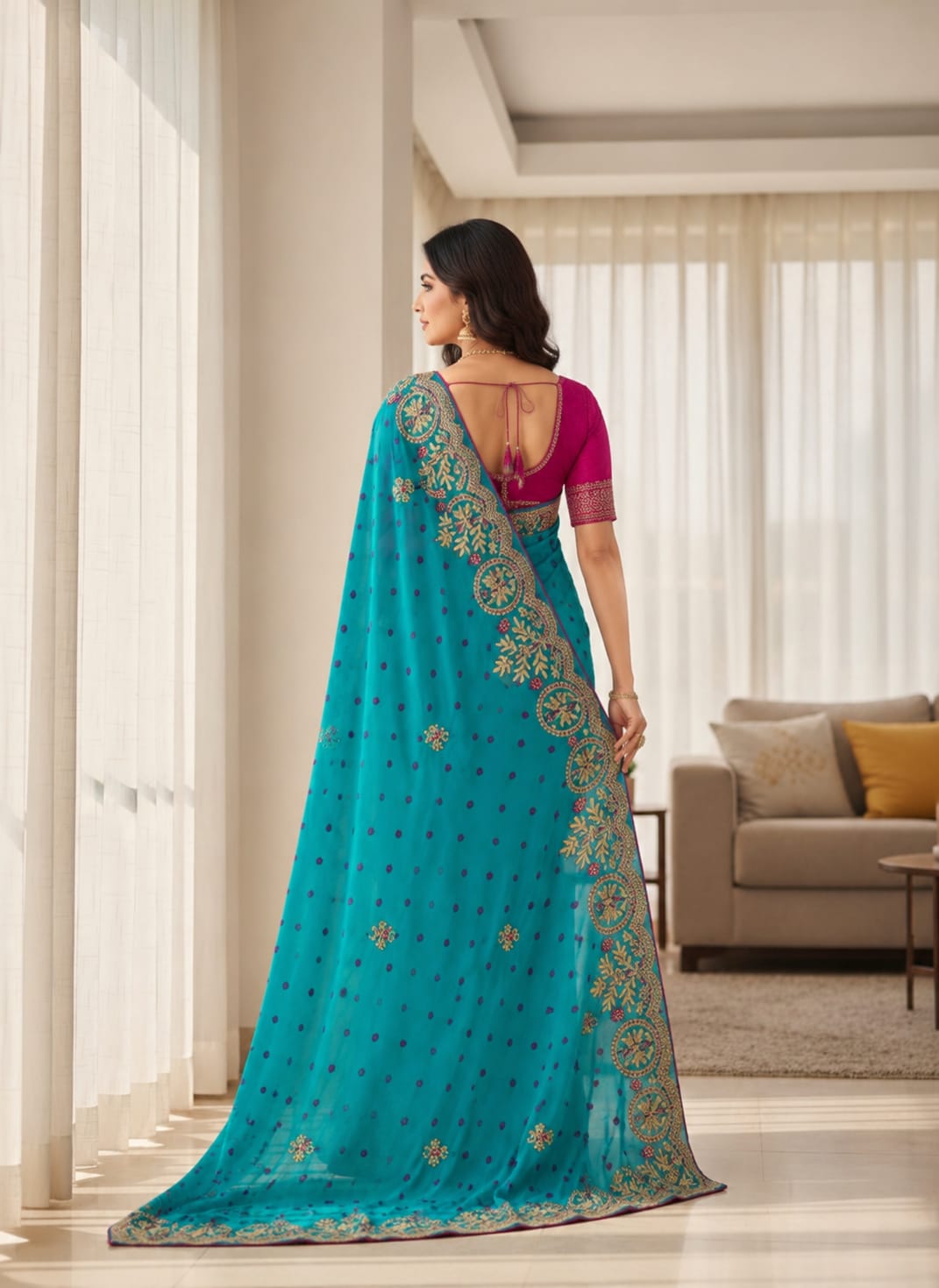 KcPc New Elegant Pure Georgette Saree Featuring Bandhani Pattern & Gota patti RB