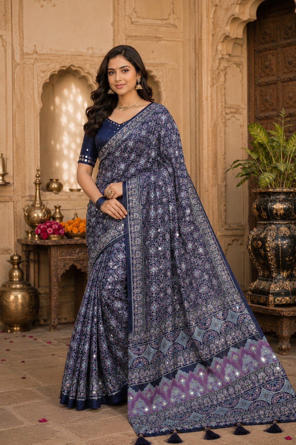 KcPc Premium Silk Ajrakh Saree with Mirror Work STR