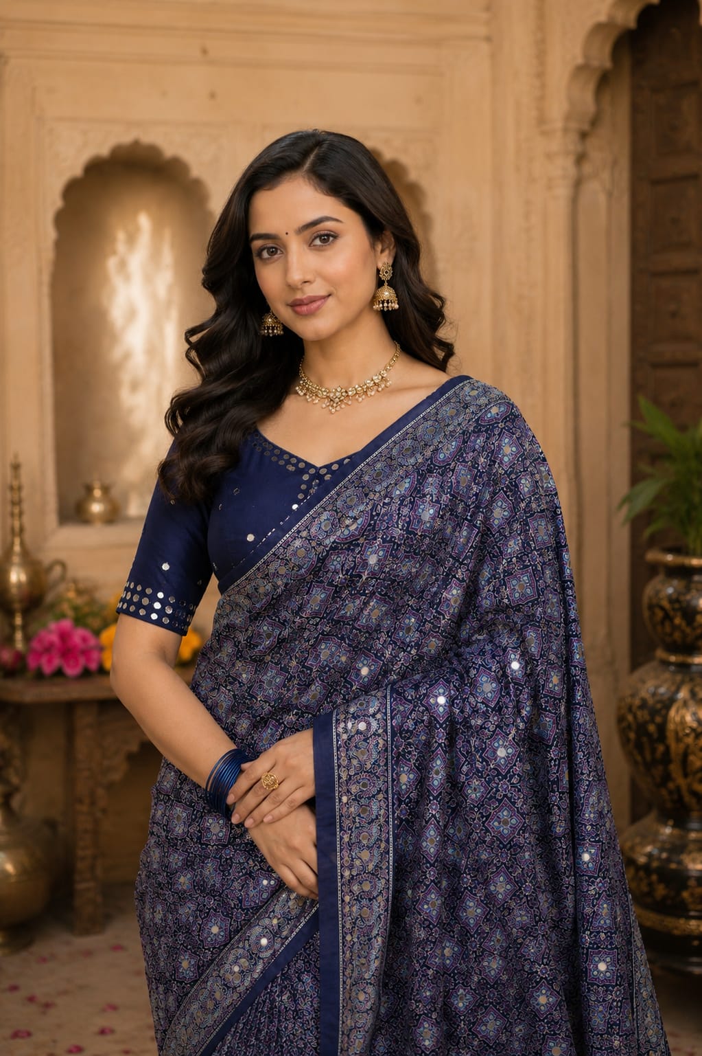KcPc Premium Silk Ajrakh Saree with Mirror Work STR