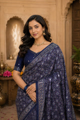 KcPc Premium Silk Ajrakh Saree with Mirror Work STR