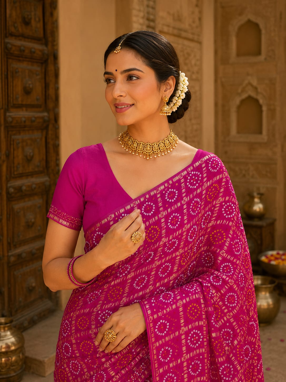 KcPc Designer Semi Gaji Silk Bandhani Saree with Blouse MSC