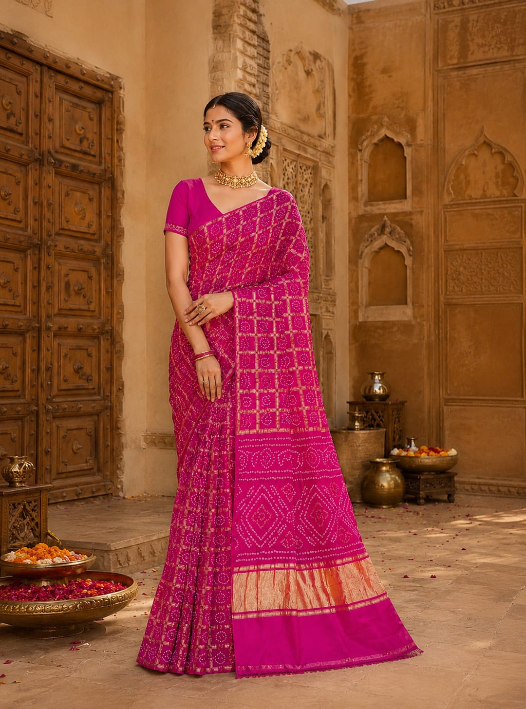 KcPc Designer Semi Gaji Silk Bandhani Saree with Blouse MSC